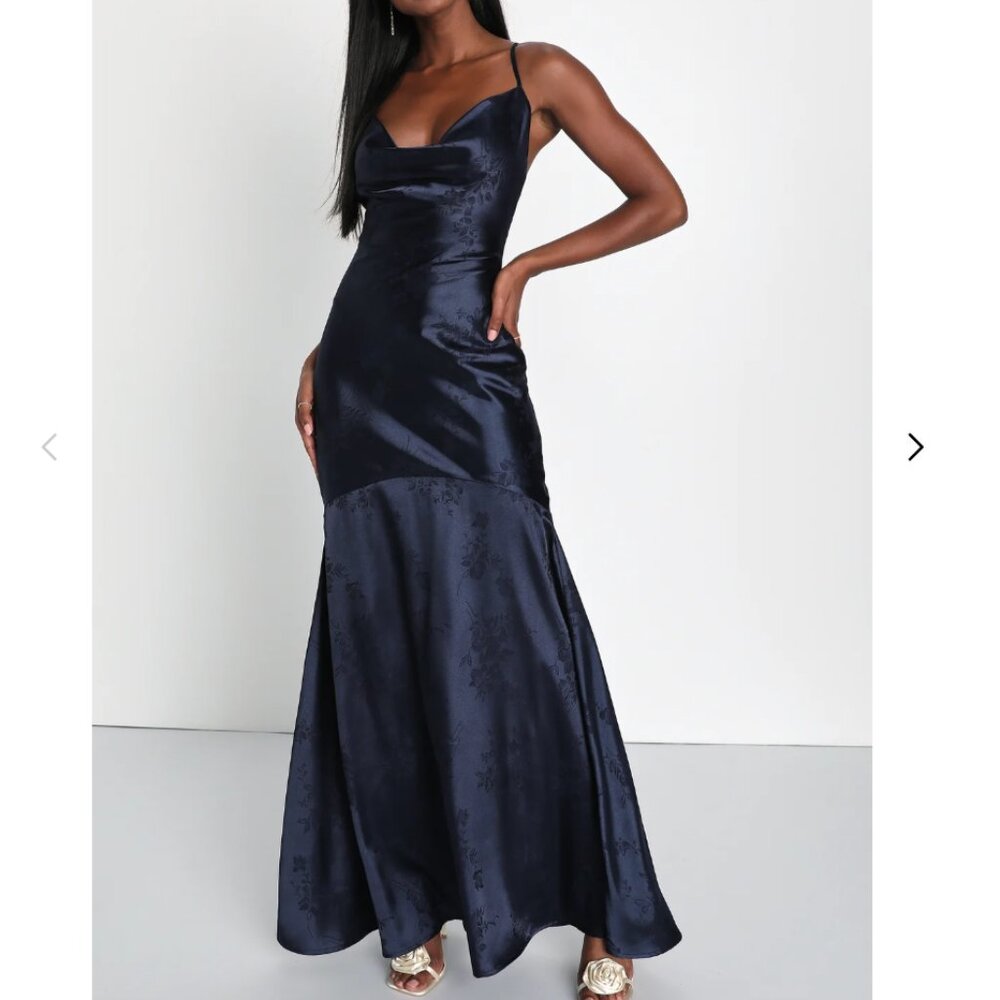 Lulus Sweet Endeavors Navy Blue Satin Jacquard Cowl Neck Maxi Dress Size Large